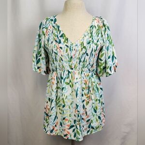 Womens JODIFL Floral Print V Neck Smocked Top Size L